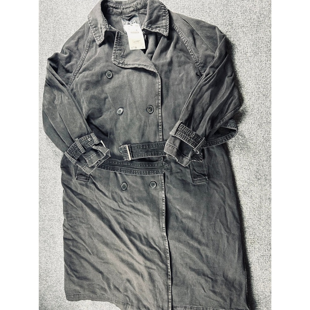 Zara Washed Black Denim Trench Coat Double Breasted Belted Long Jacket L